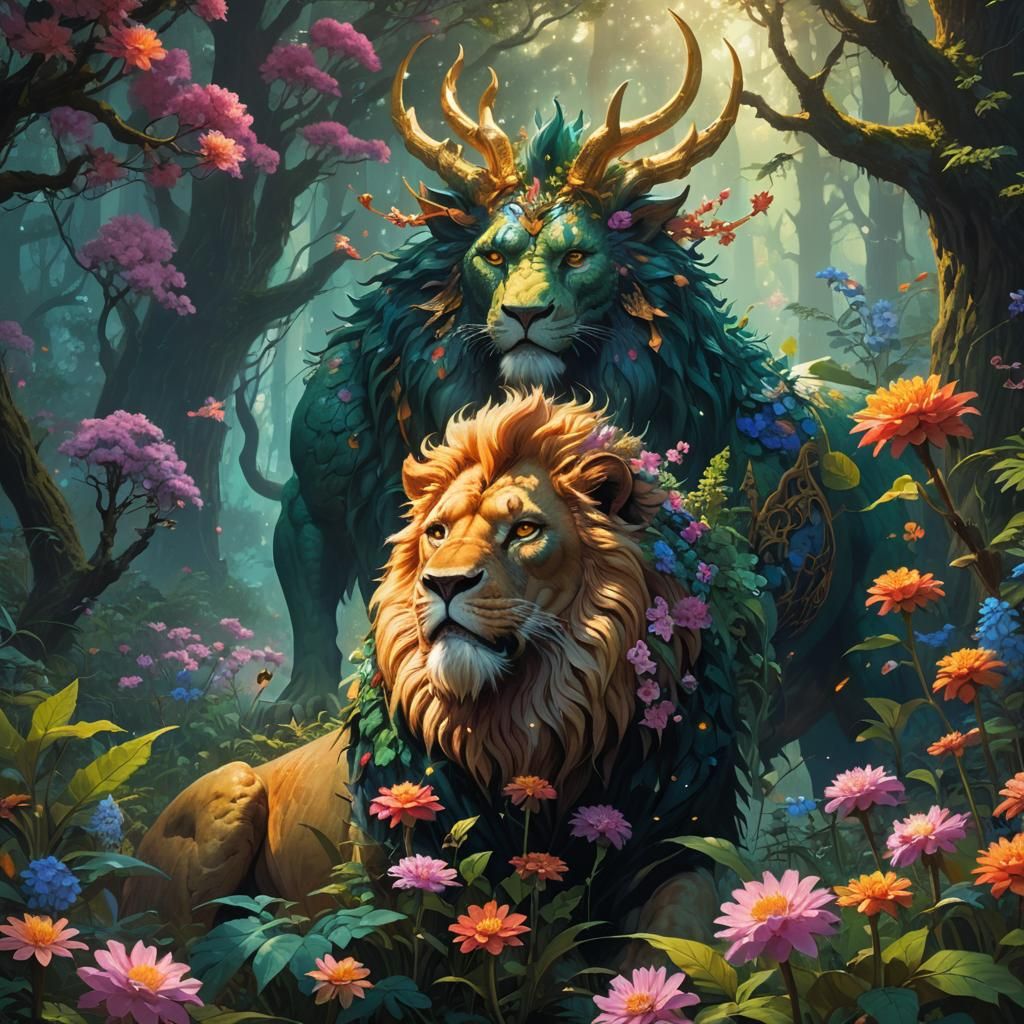 Fantasy Lion and Dragon in Enchanted Forest