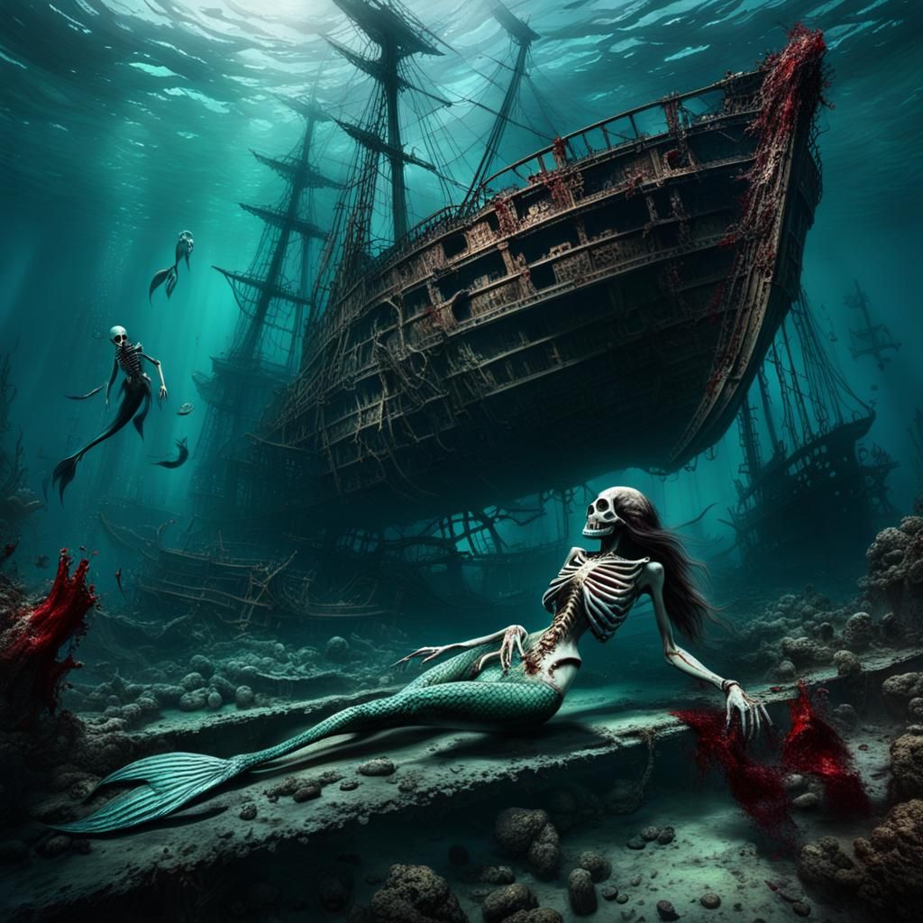 Dead Mermaid in Sunken Ship: Creepy Digital Art