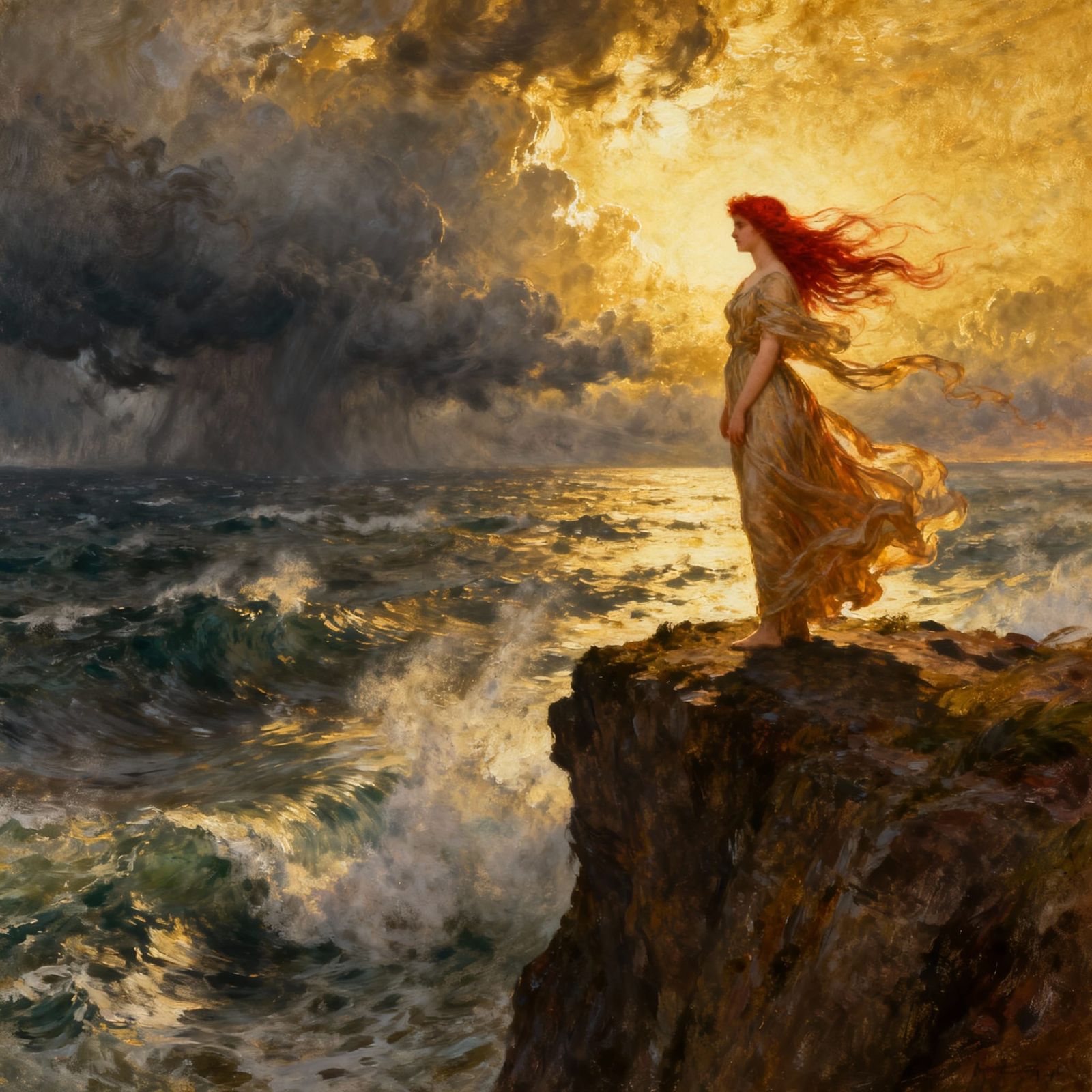 Red-Haired Woman on Windswept Cliff in Romantic Style