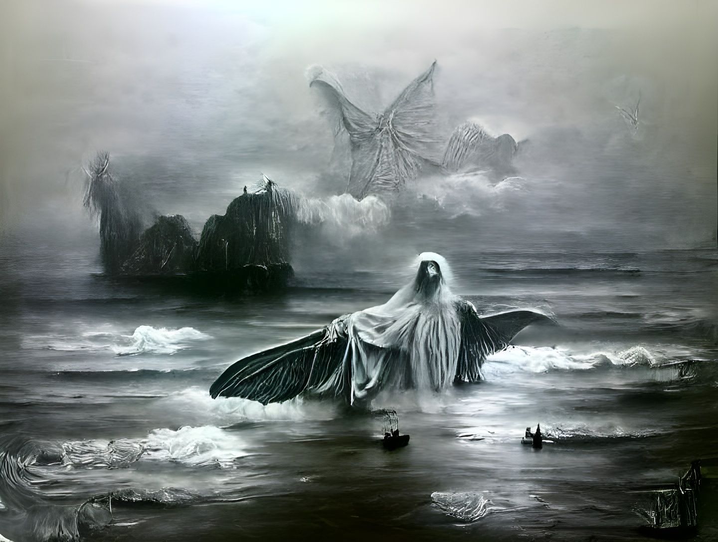 Angel Rises from Haunted Ocean: Grayscale Oil Painting