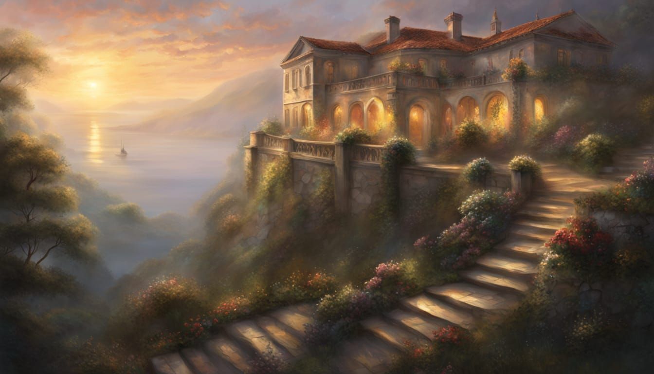 Ethereal Mansion on Mediterranean Hillside by Golden Hour