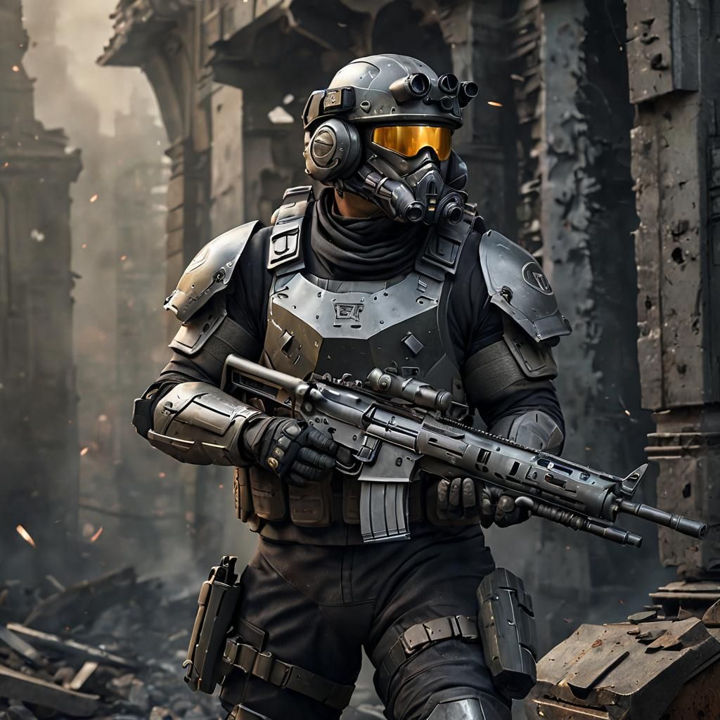 Futuristic Armored Infantryman in Ruined City