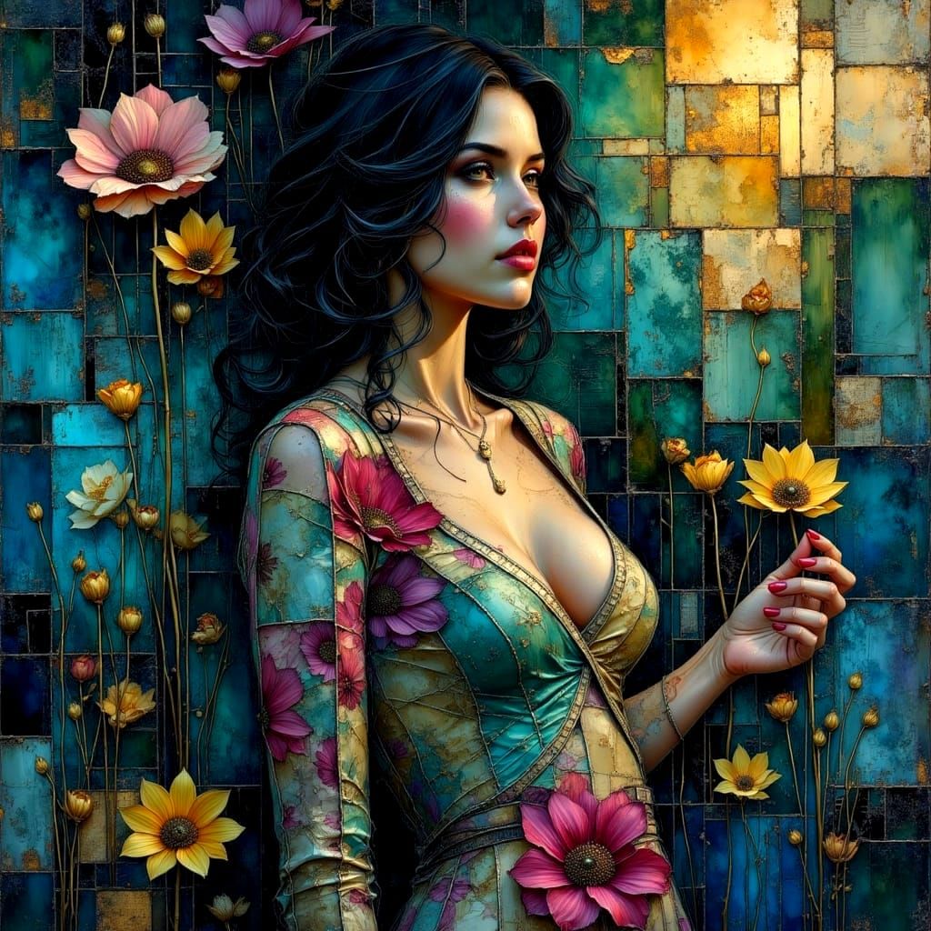 Stylish Woman in Gold Light, Mixed Media Digital Art