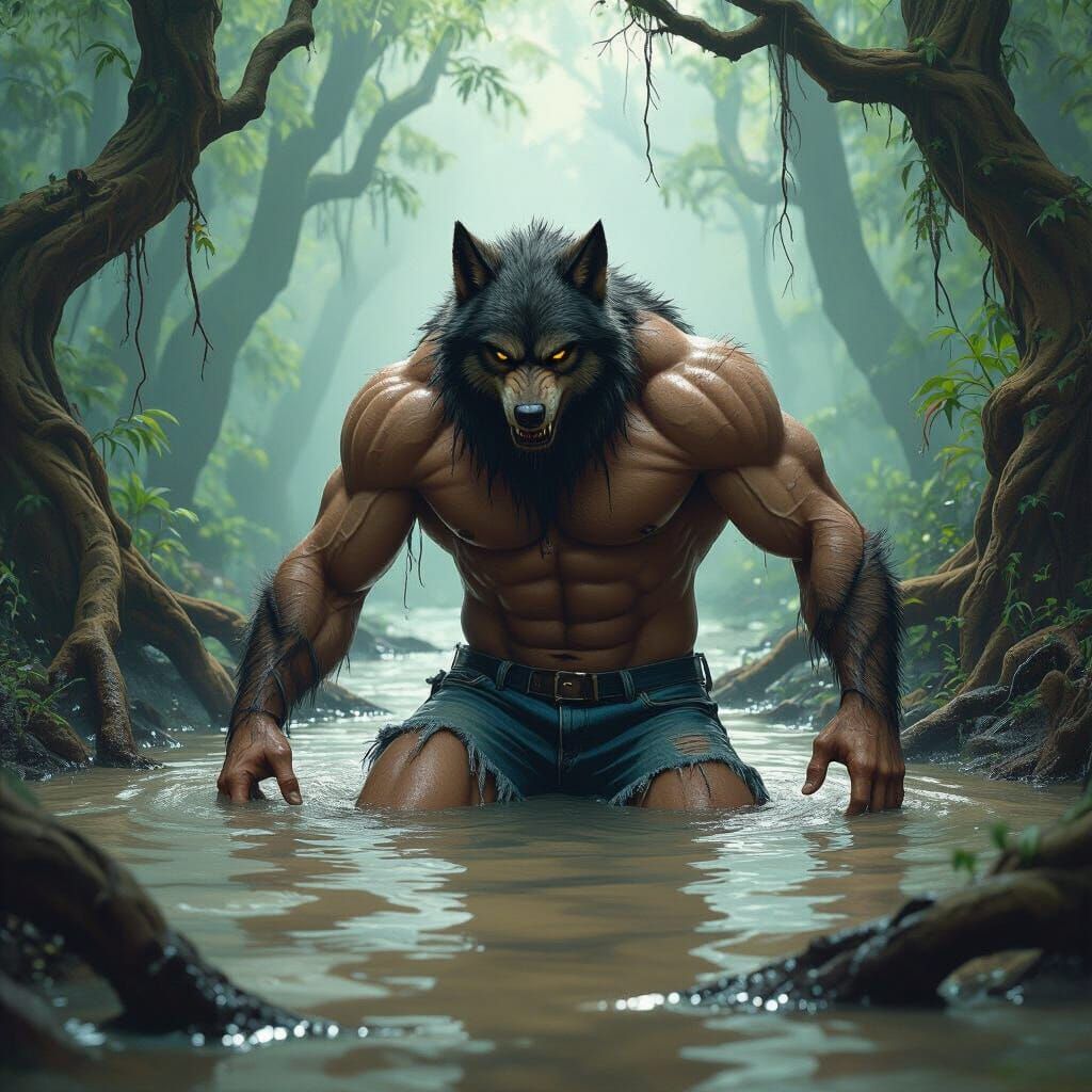 Wolfman Sinking in Quicksand, Dark Fantasy Style
