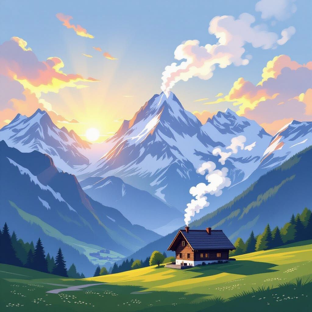 Majestic Swiss Alps Sunrise Over Chalet