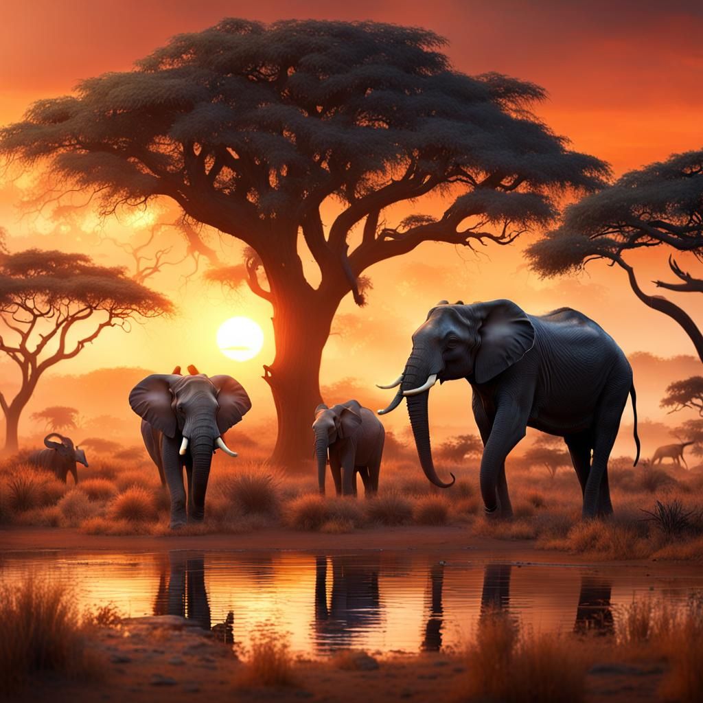 African Sunset with Wildlife in Detailed Matte Painting