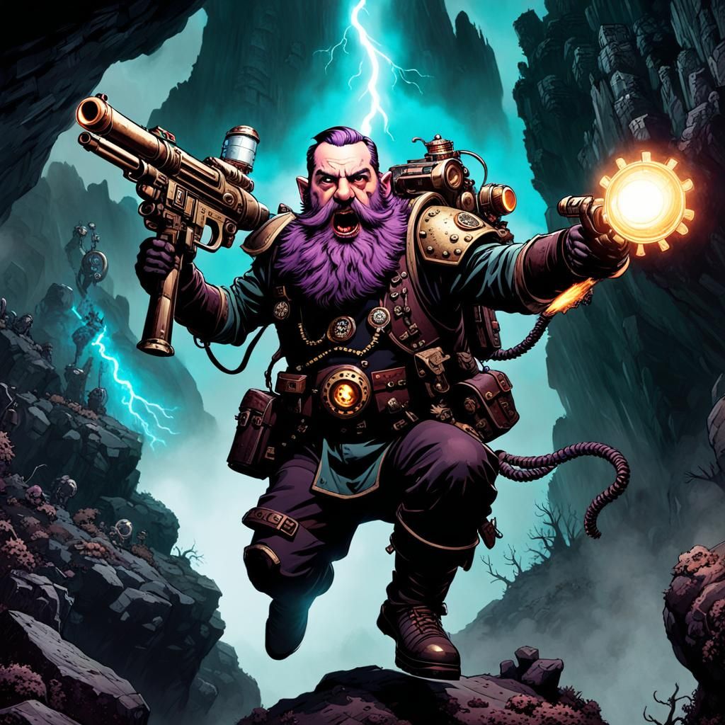 Steampunk Dwarf Jumps from Crag in Lovecraftian Horror Style
