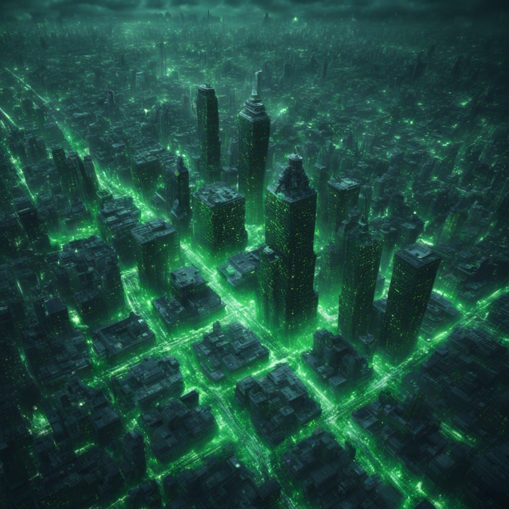 Green Matrix Code City in Digital Art