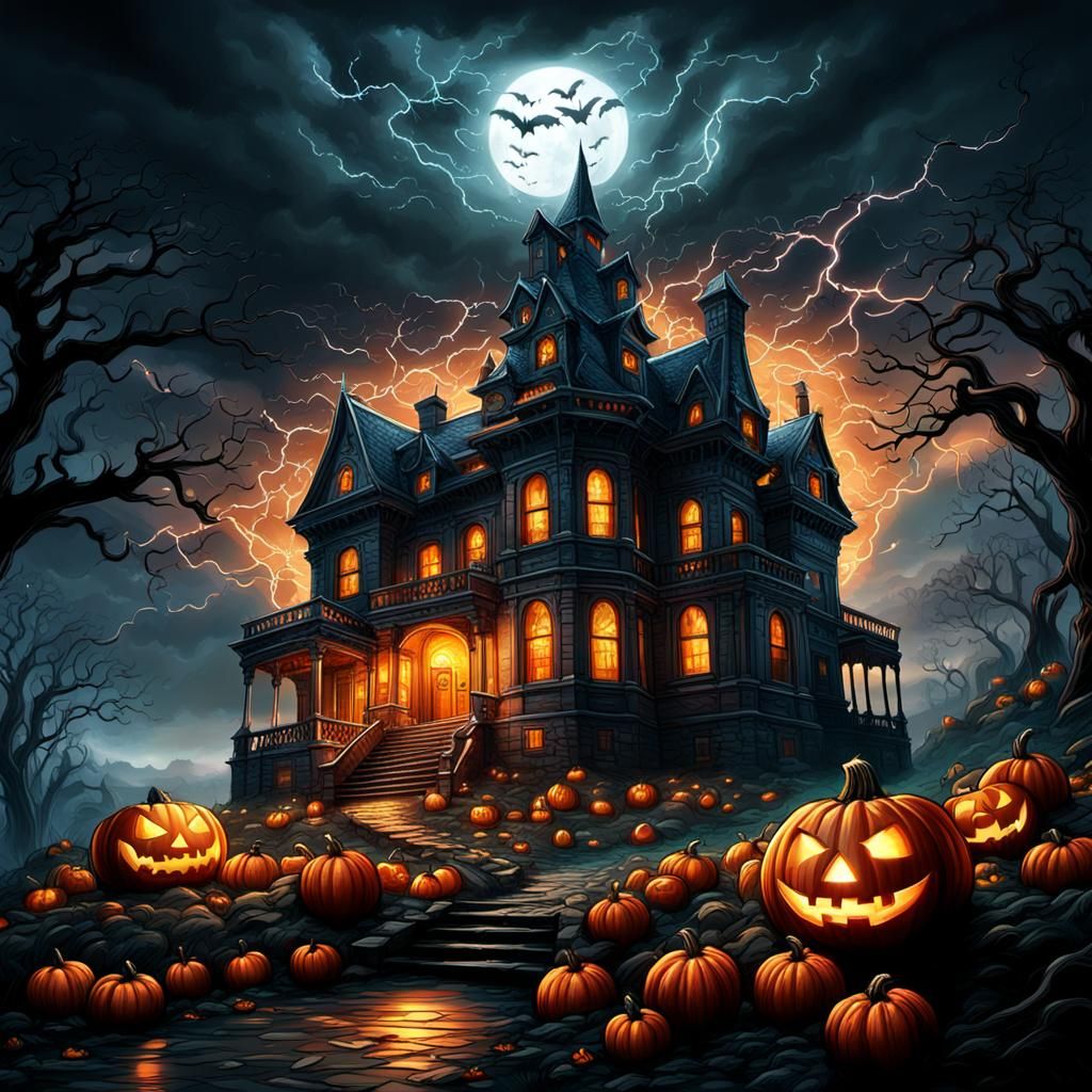 Haunted Castle with Jack-o'-Lanterns in Digital Painting