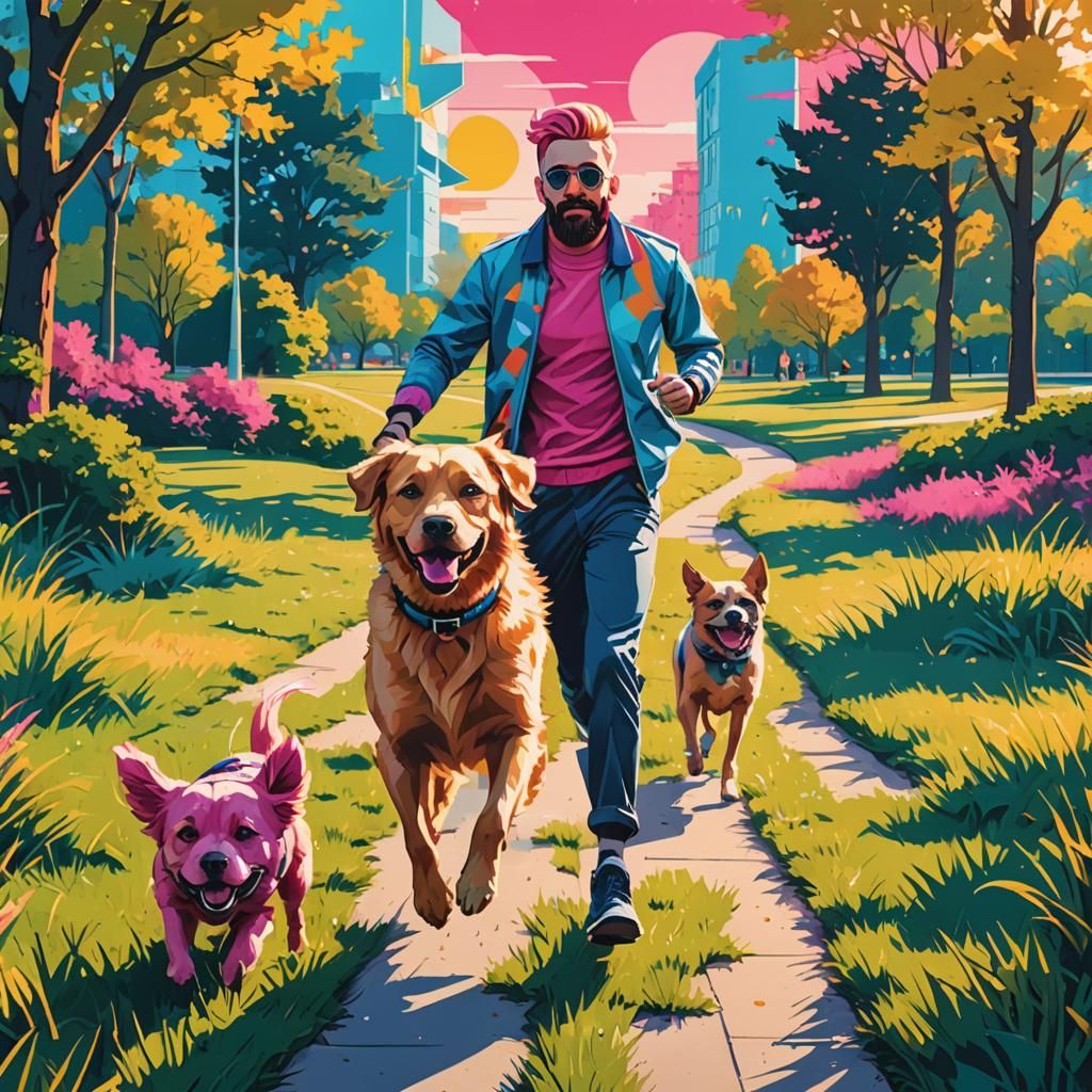 Pop Art Boy and Dog in Park, Digital Art