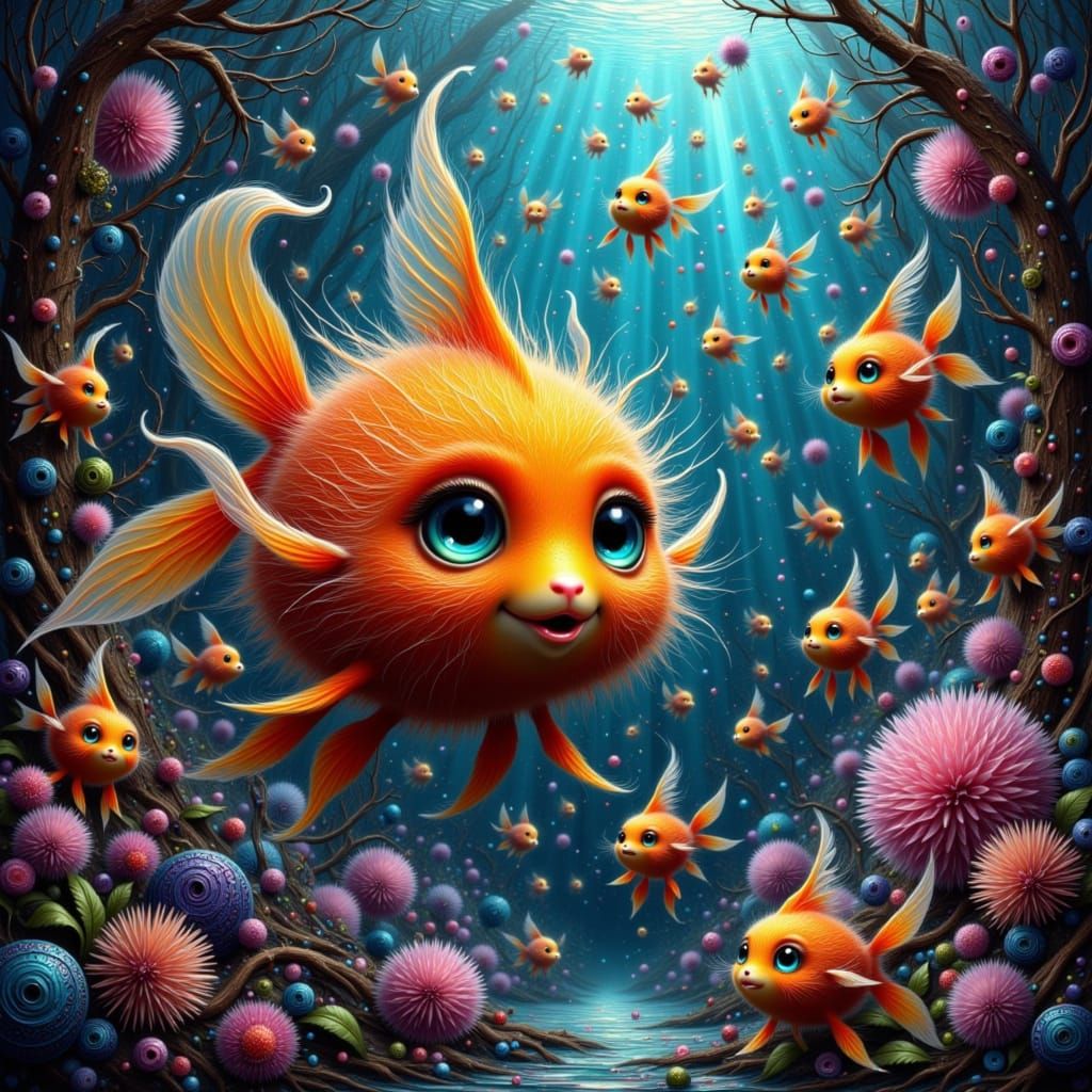 Surreal Aquarium with Furry Fish, Murakami Style