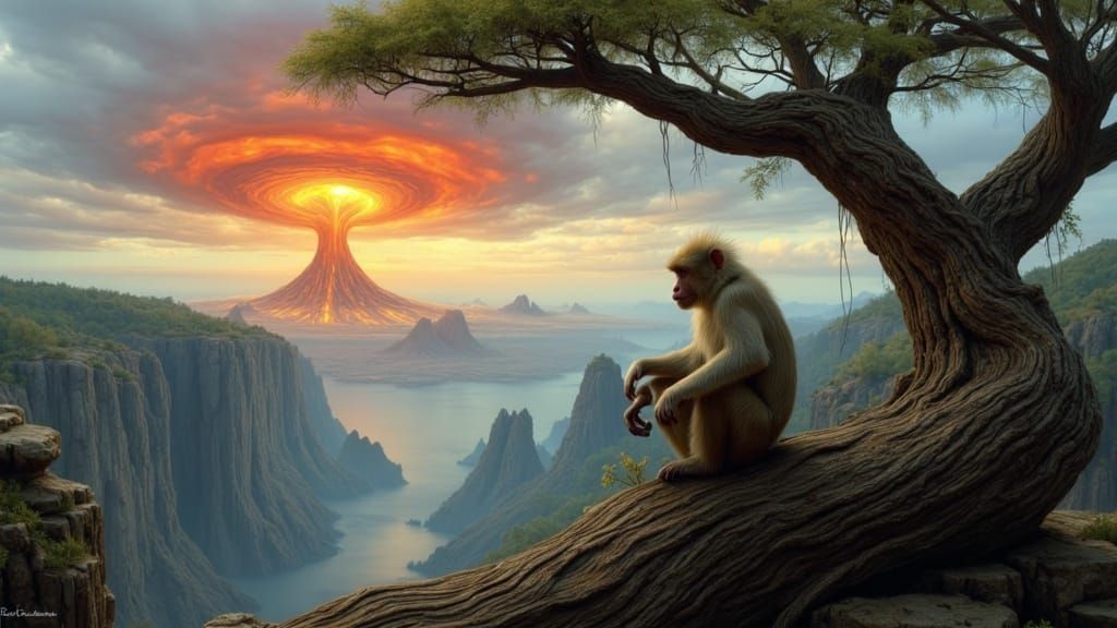 Macaque Gazing at Nuclear Explosion in Surrealist Style