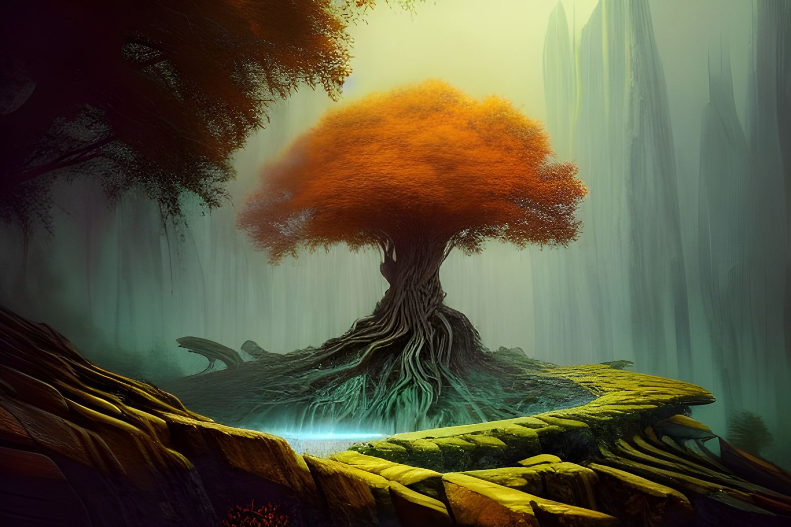 Intricate Sacred Tree on Stone Altar in Fantasy Landscape