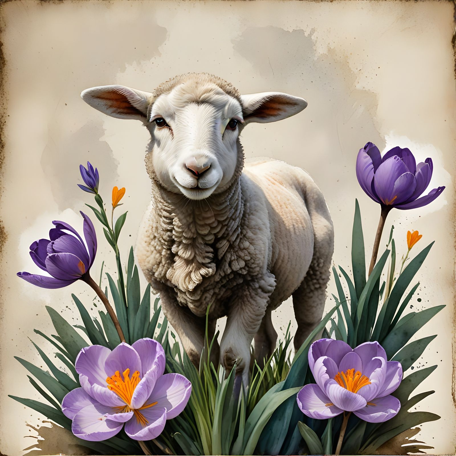 Watercolor Easter Lamb with Vibrant Crocus Blooms in a Textu...