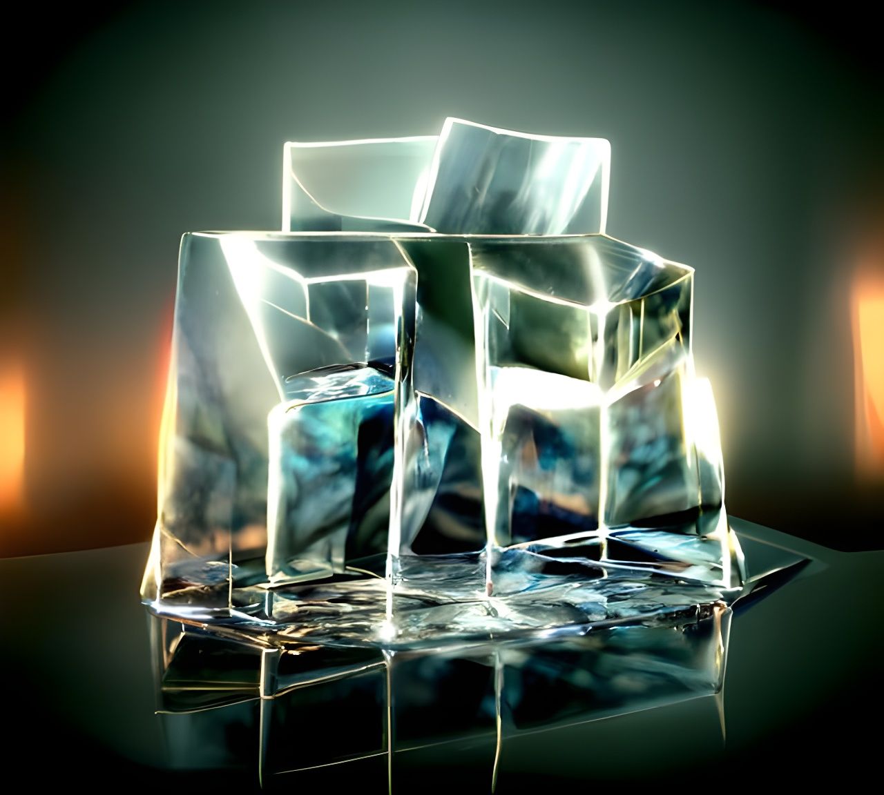 Glass Ice Cube Sculpture with Caustic Reflections