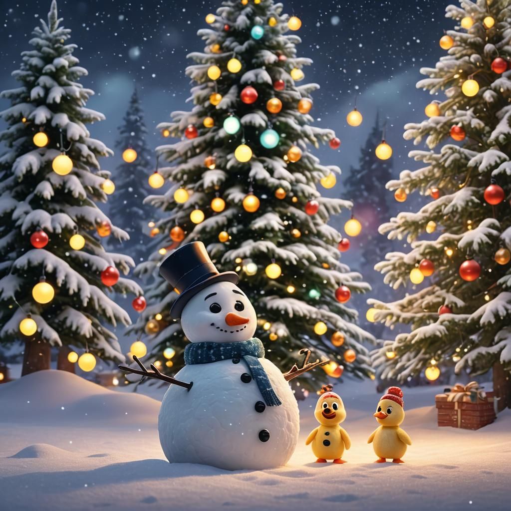 Snowman and Duckling Christmas: Pixar-Style 3D Render