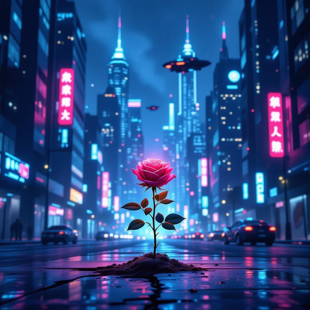 Cyberpunk Cityscape with Glowing Rose in Neon Light