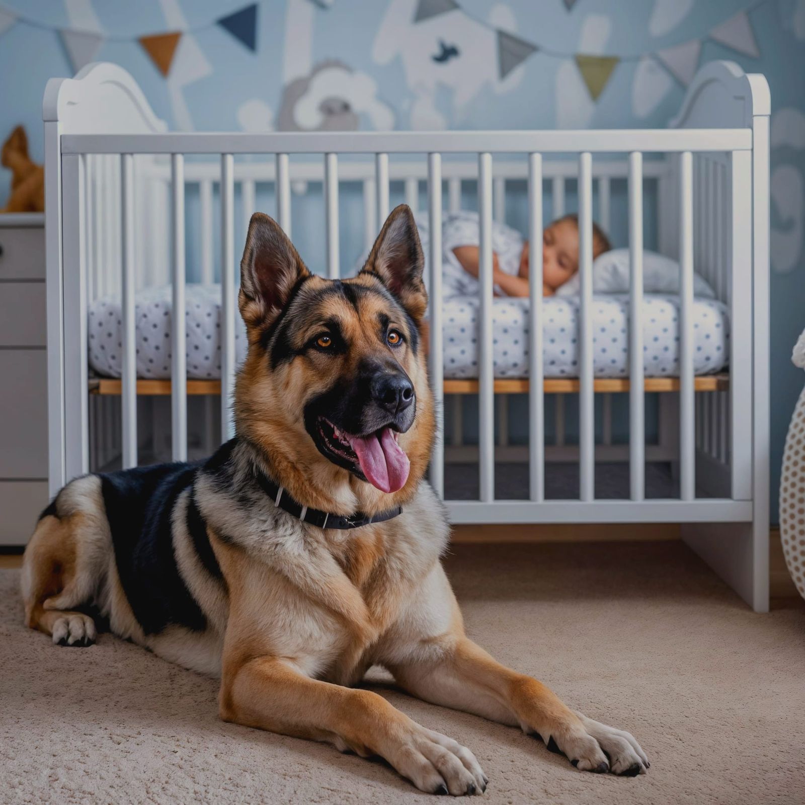 Loyal German Shepherd Guarding Sleeping Baby