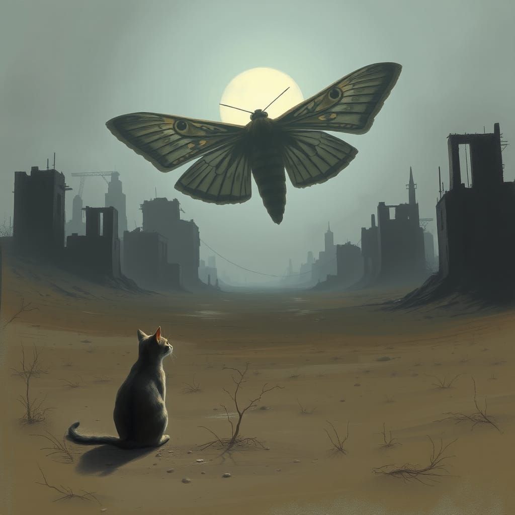 Cat Observes Silent Apocalypse With Giant Moth