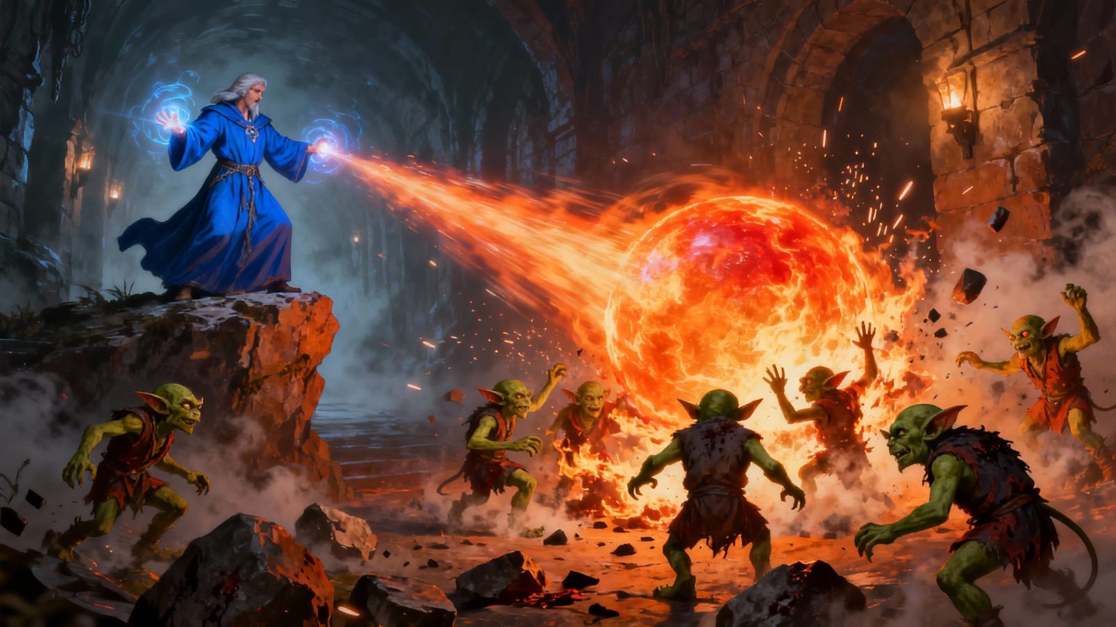 Mage Casts Fireball Spell on Goblins