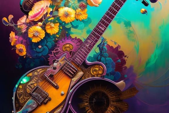 Steampunk Art Nouveau Guitar with Floral Explosion