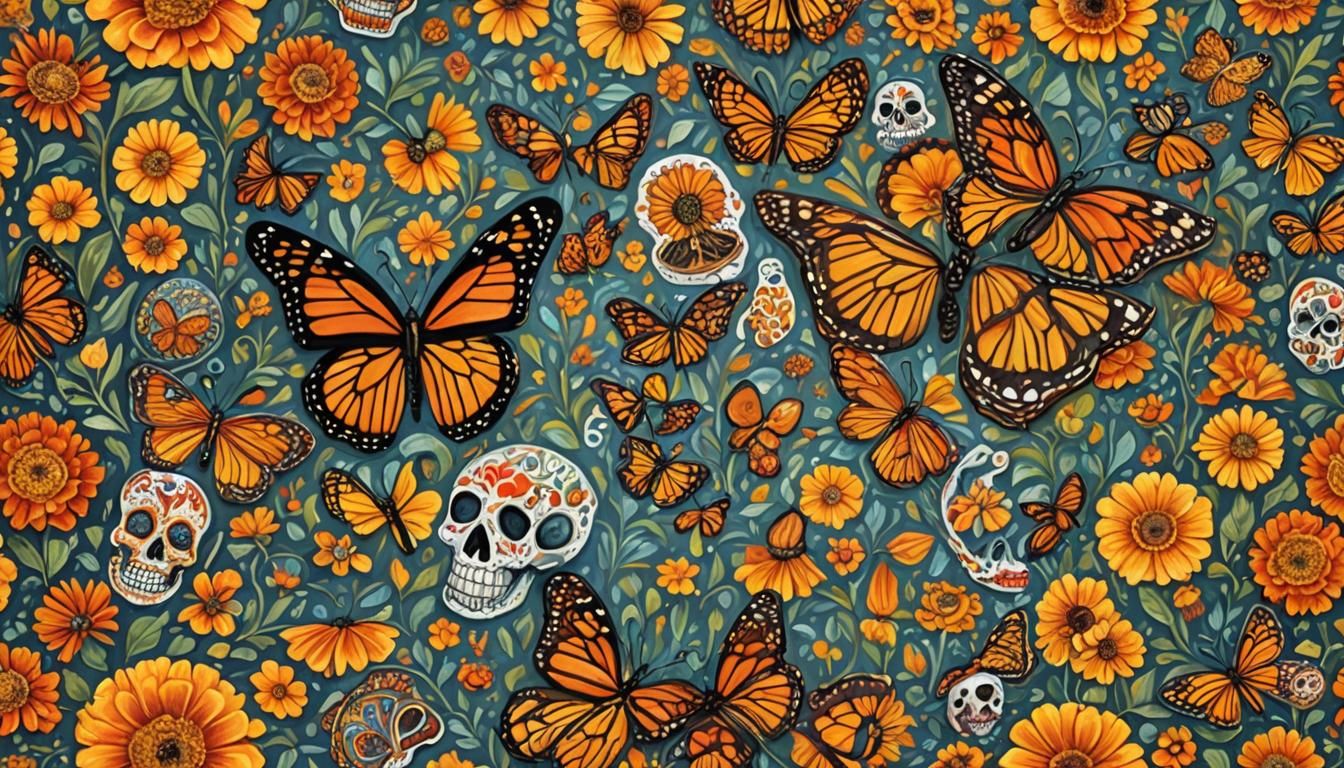 Monarch Butterfly with Sugar Skulls in Gouache Watercolor