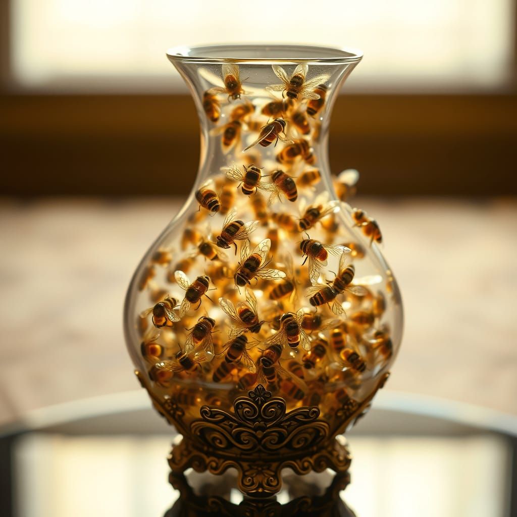 Ornate Carafe Filled with Iridescent Bees in Mid-Air