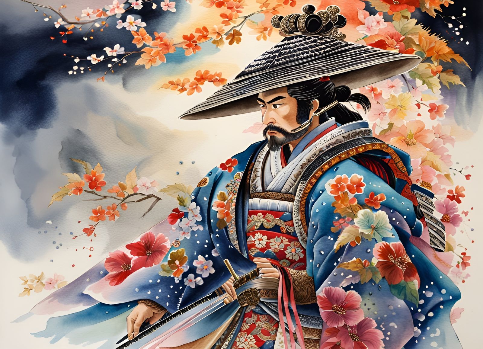 watercolor-painting: A shogun in full power