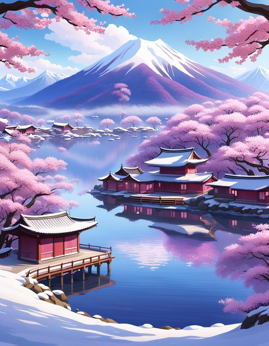 Cherry Blossoms by Heart Lake in Watercolor Style