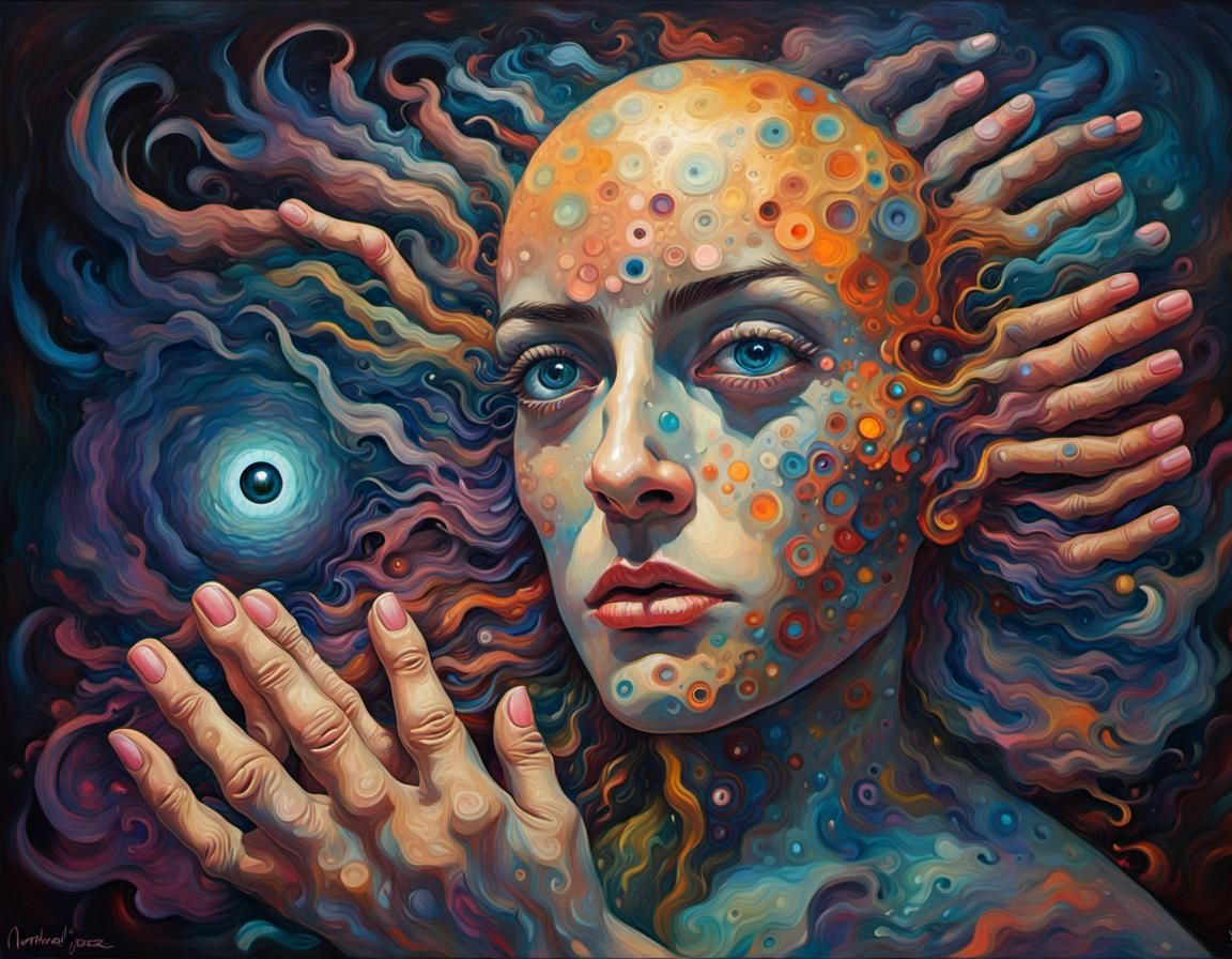 Psychedelic Vision: Neo-Impressionist Painting of Eyes and H...