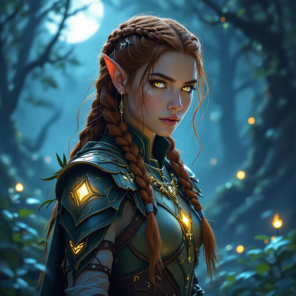 Elven Warrior Stands Guard in Moonlit Forest