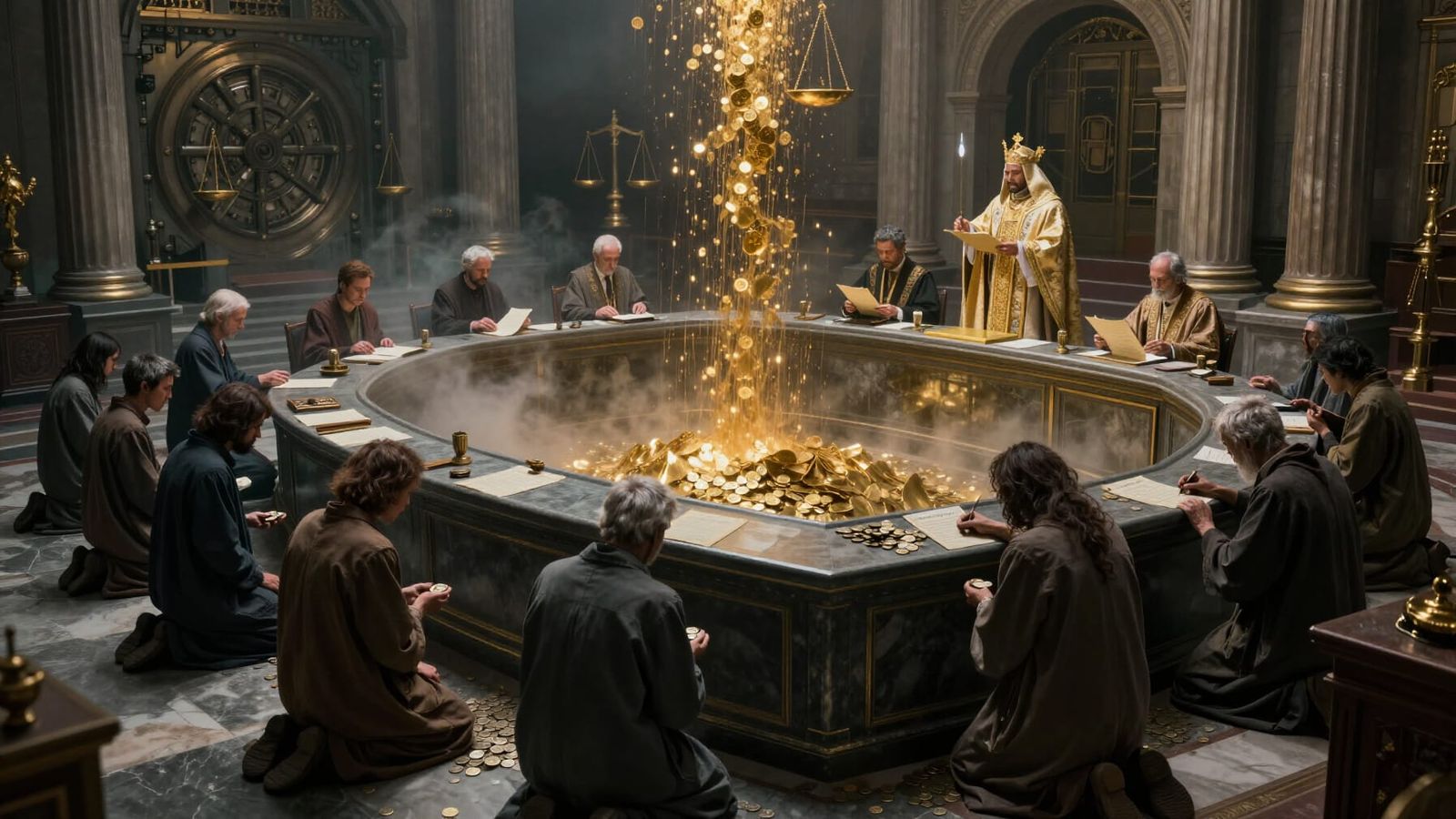 Dystopian Sacred Hall Transactional Space with Poor and Elit...