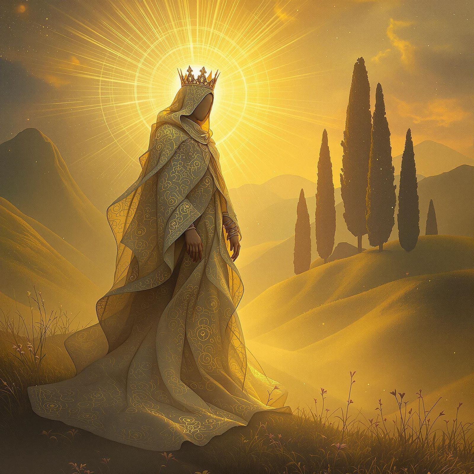 Regal Figure in Golden Dawn Landscape