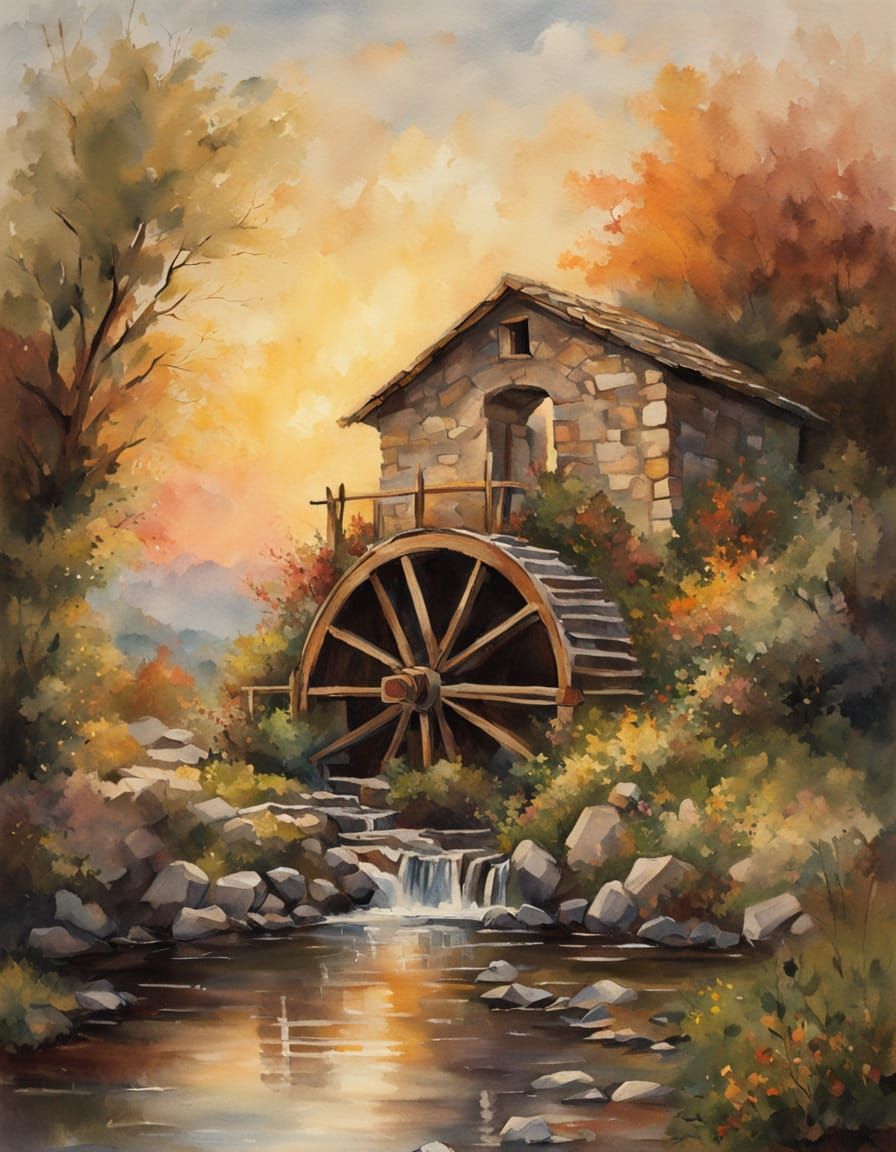 Water Wheel in Warm Sunset Light