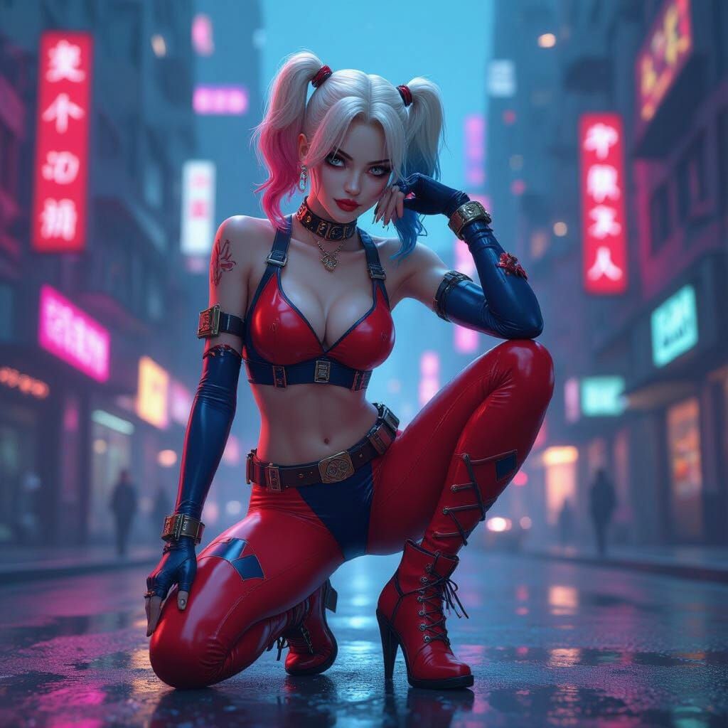 Cyberpunk Harley Quinn in Neon Cityscape