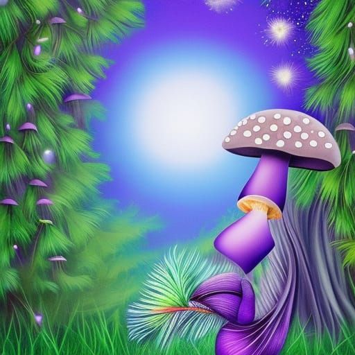 Dreamy Purple Peacock in Sparkling Forest, Fantasy Art