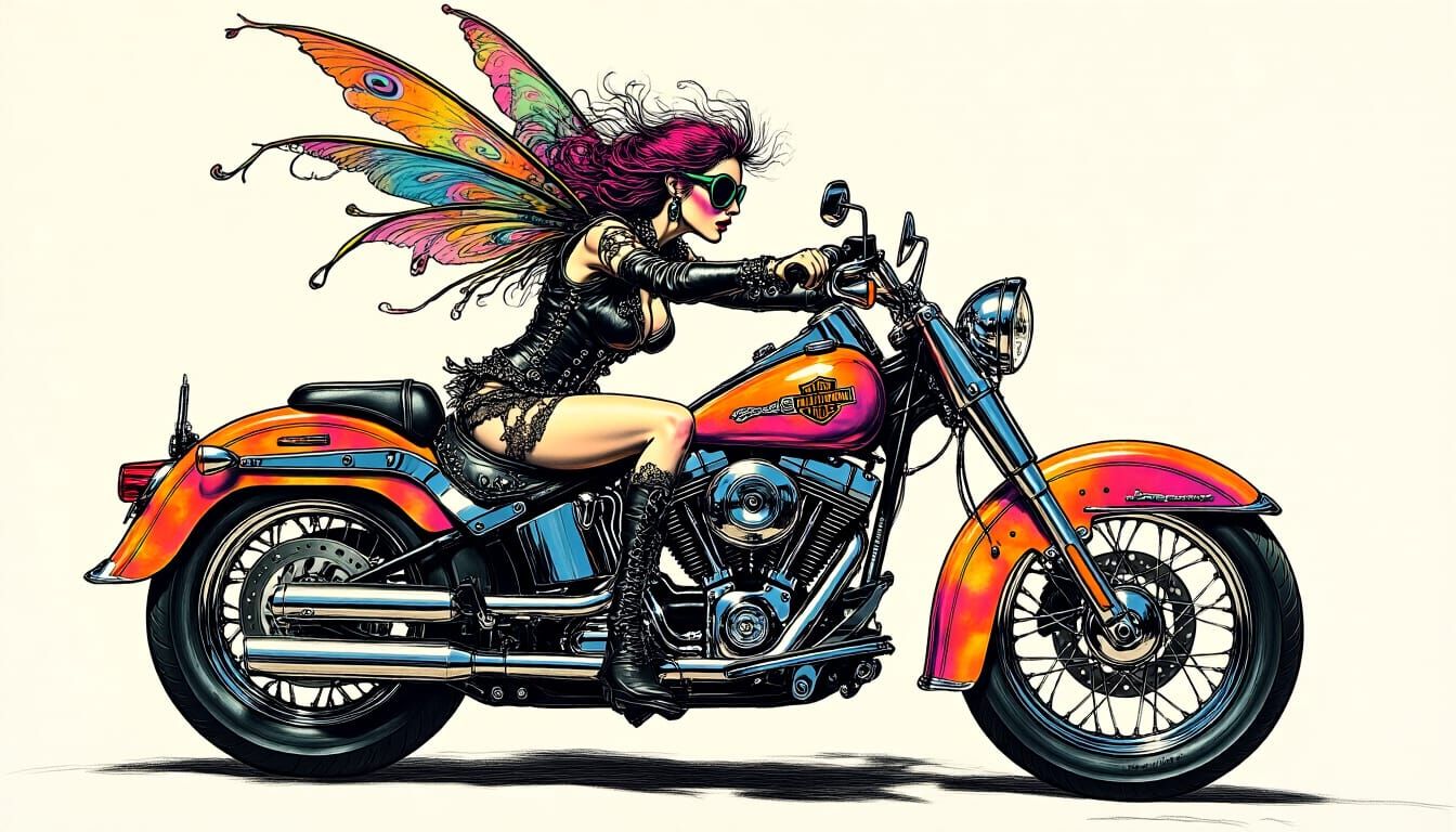 Steampunk Fairy Rides Harley in Etched Style
