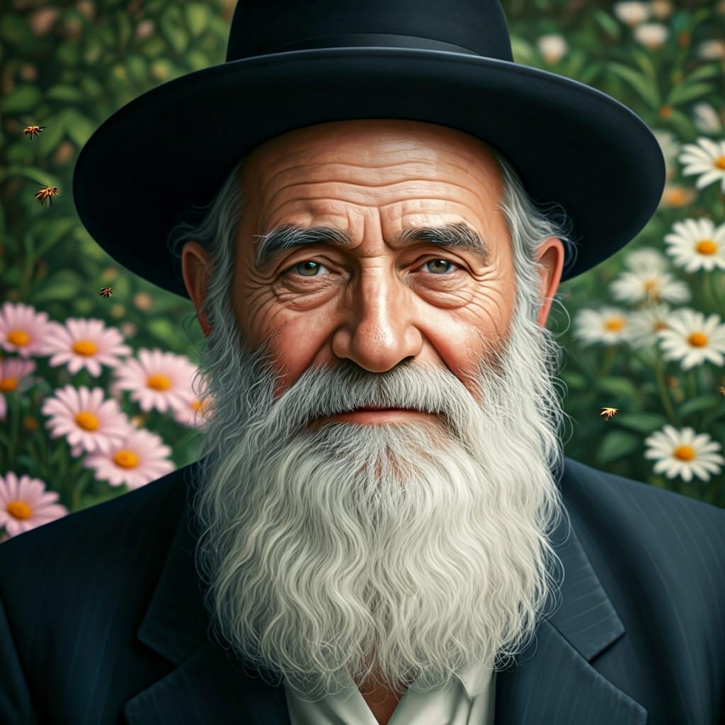 Photorealistic Portrait of Elderly Hasidic Man in Garden
