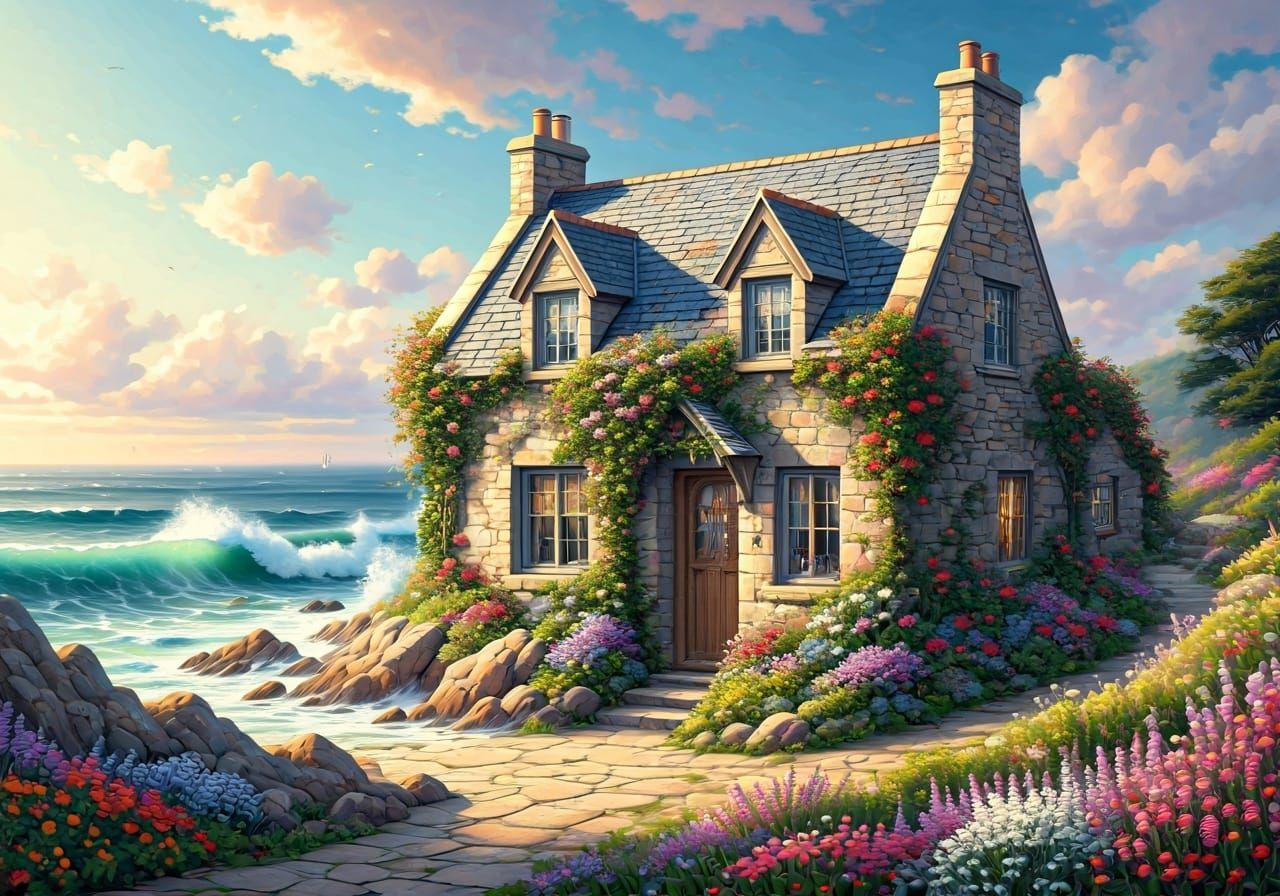 Charming Coastal Cottage in Impressionistic Style