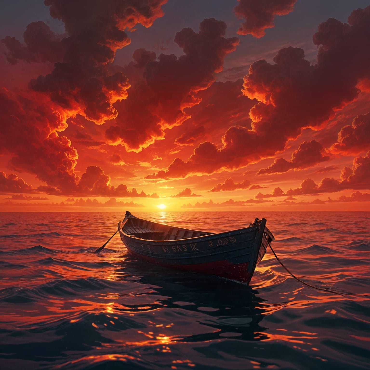 Surreal Fiery Sea with Lone Boat: Hyperrealistic Splash Art