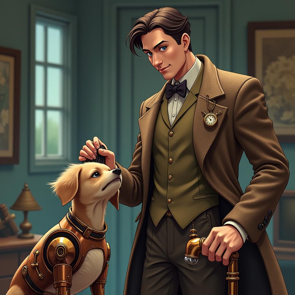 Steampunk Artificer with Robotic Dog, Anime Style