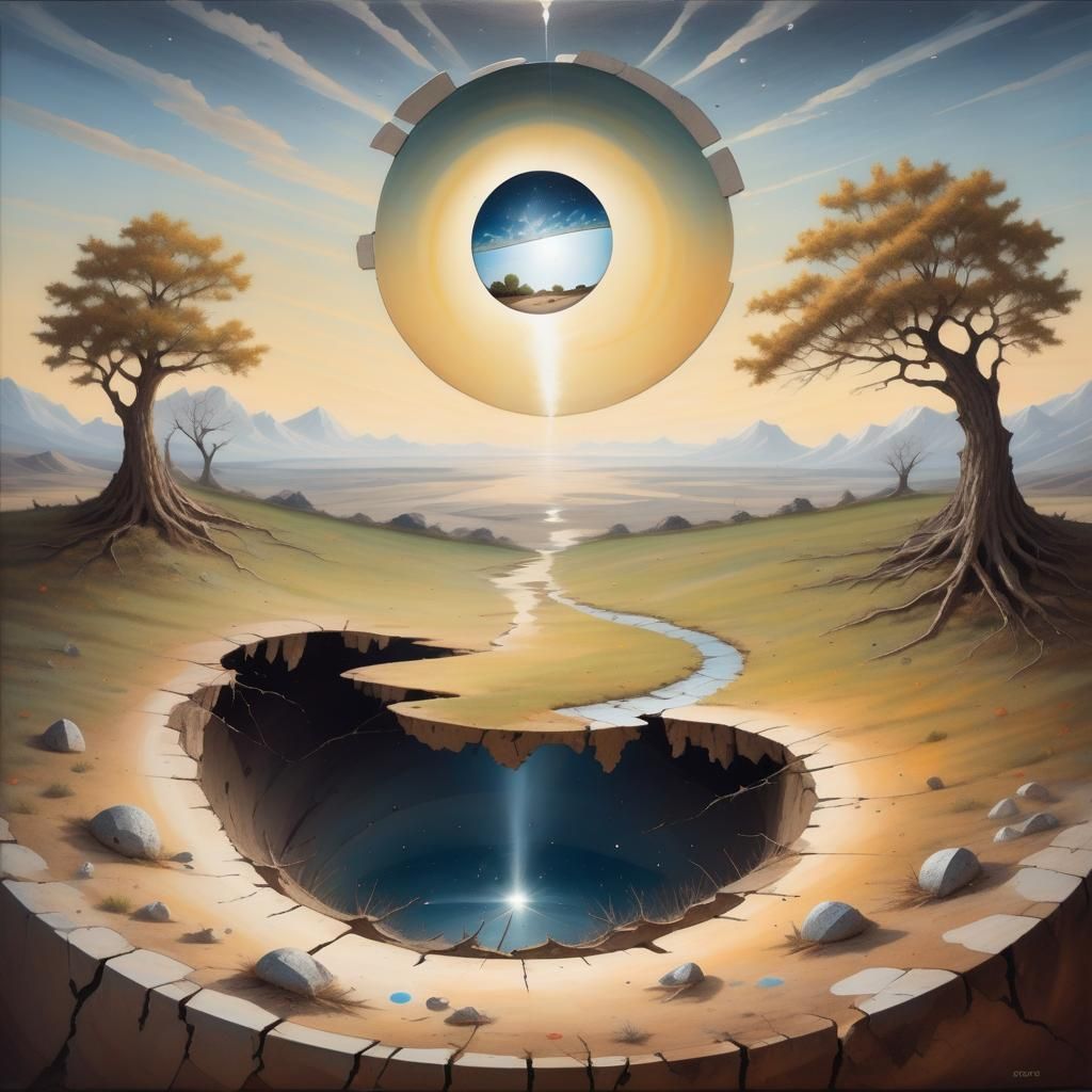 Surreal painting portraying a half-open spherical world, cracked like an eggshell. The rim of the circle is embellished ...