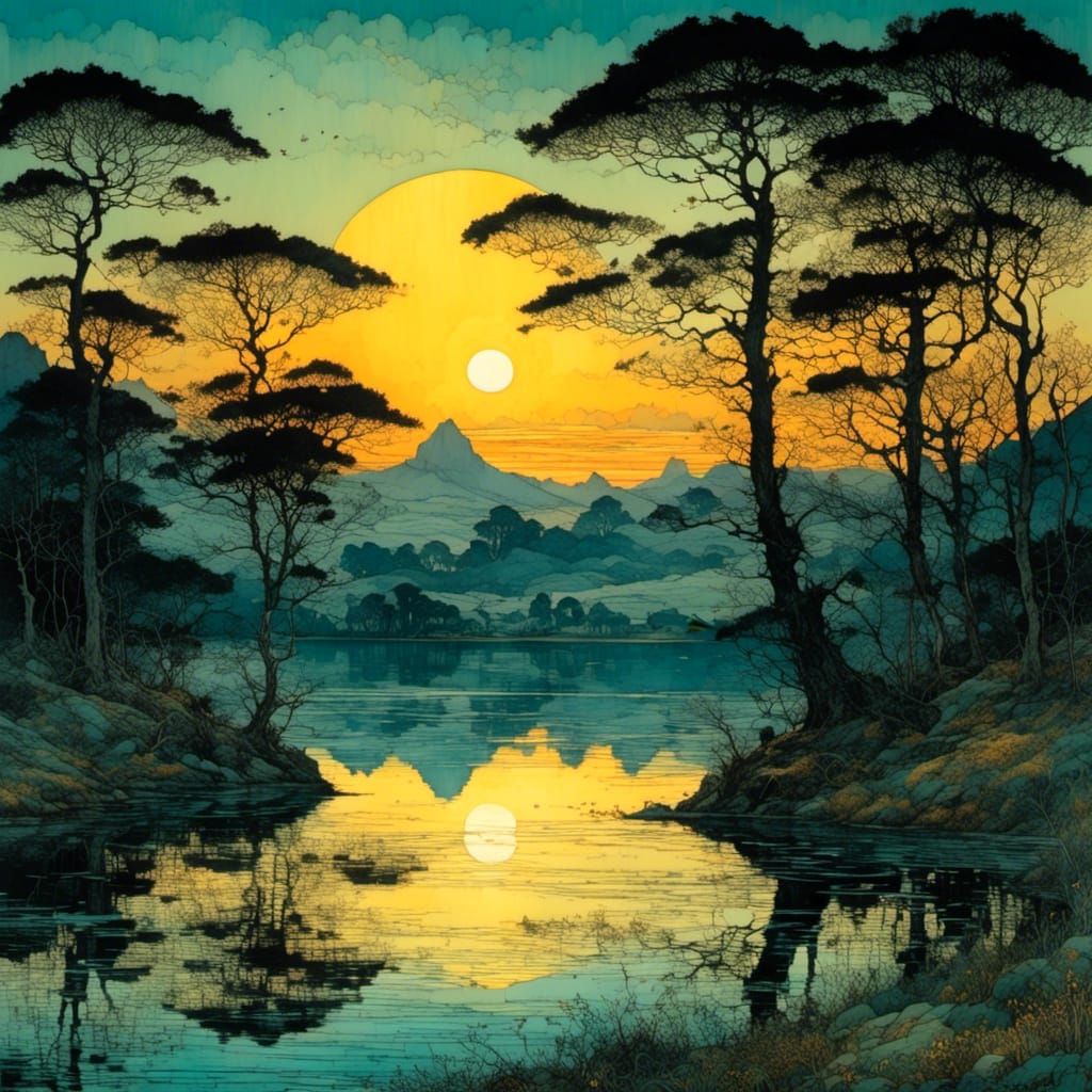 Sunset Reflection Landscape in Classic Style