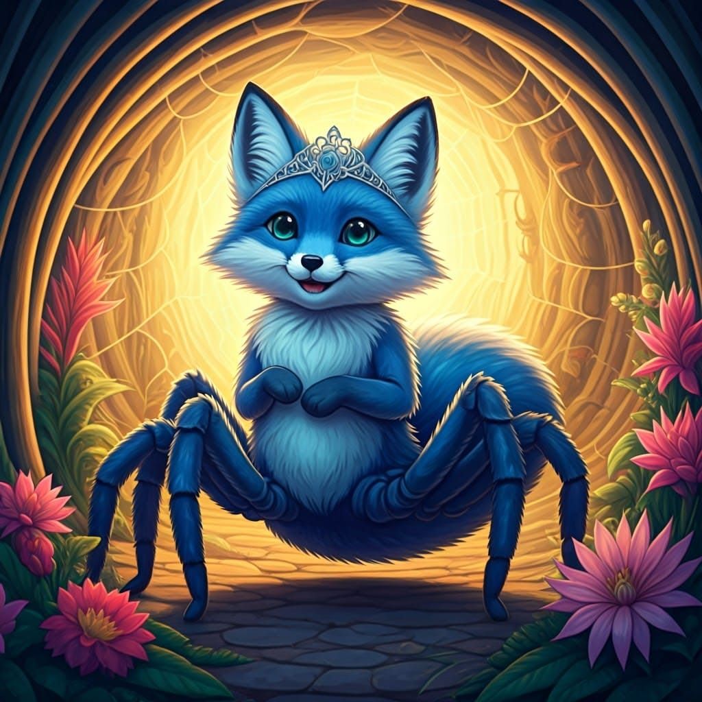 Whimsical Blue Fox Queen in Cozy Golden Cave