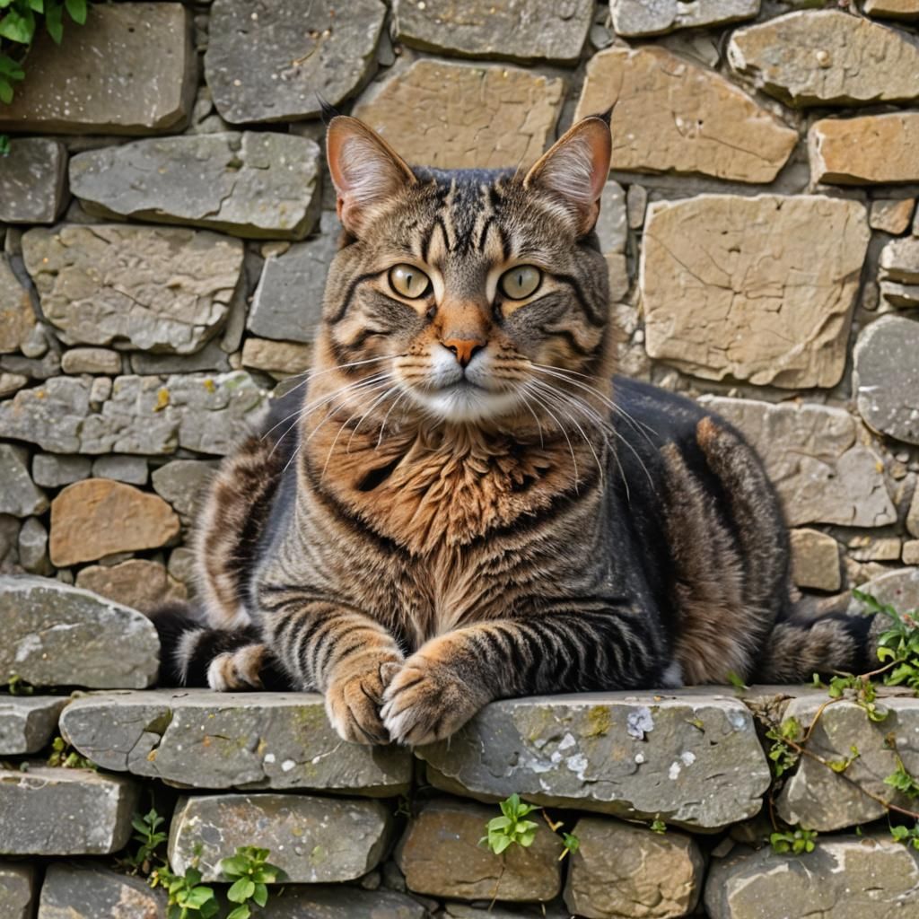 Tabby Cat Relaxing on Cottage Wall