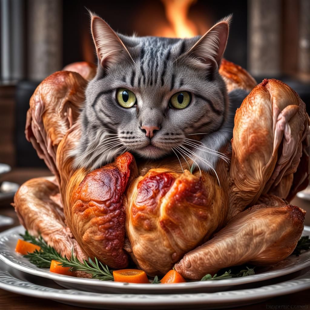 Roasted Turkey with Cat Head: Hyperrealistic Composition