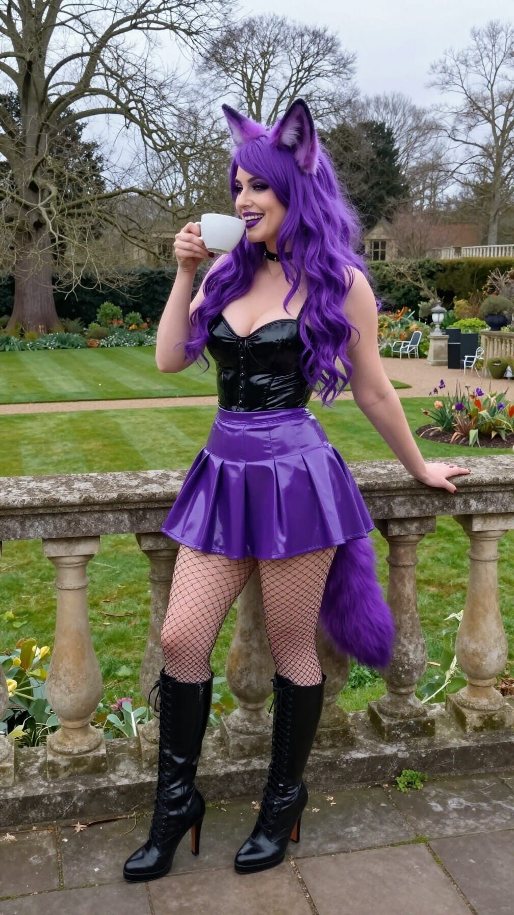 Radiant Woman in Purple Latex on Mansion Terrace