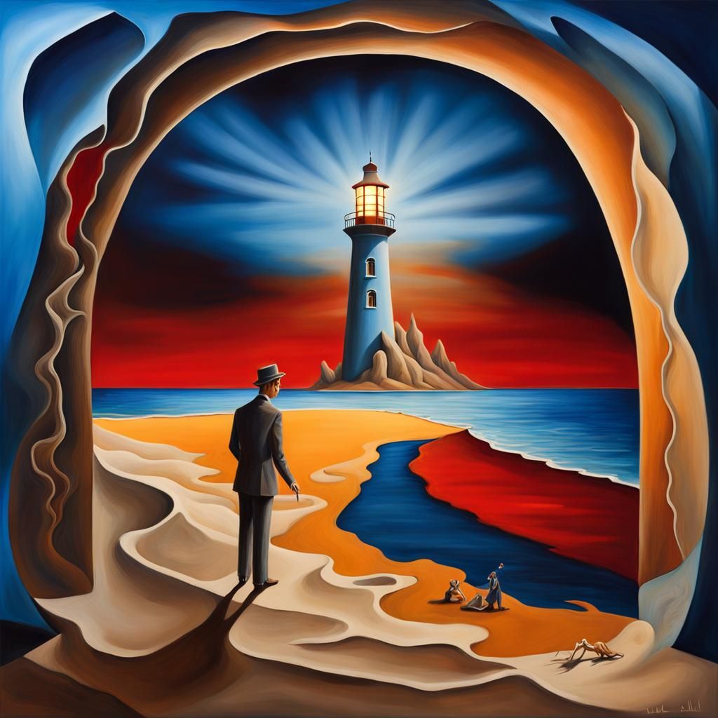 Surreal Lighthouse Scene with Dancing Couple