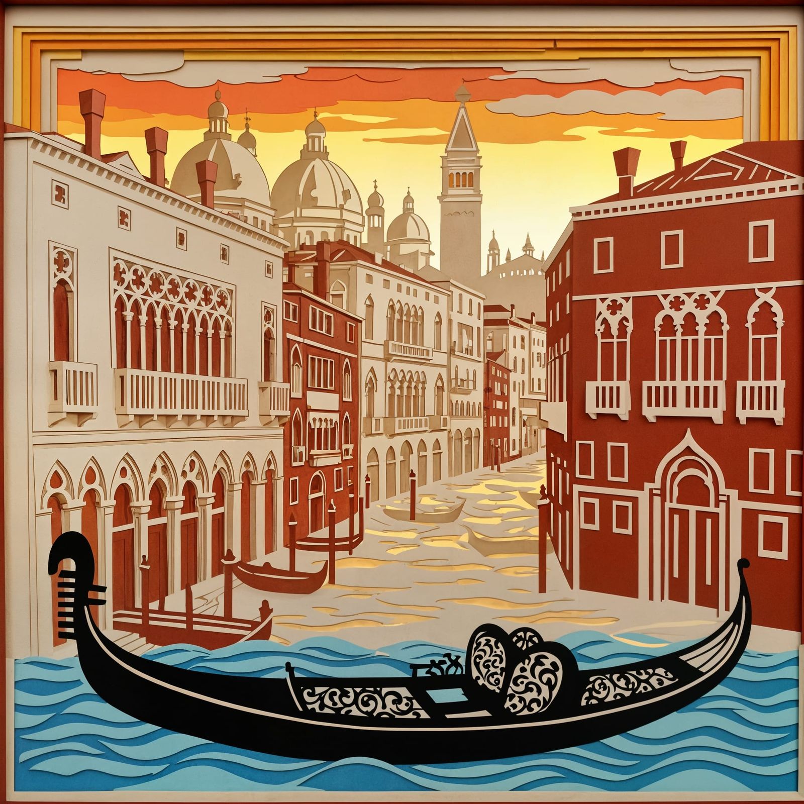 Intricate Paper Cut Venetian Canal Scene at Sunset
