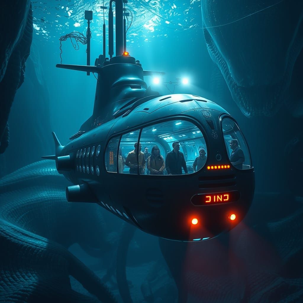 Futuristic Submarine Explores Alien Deep Sea Abyss